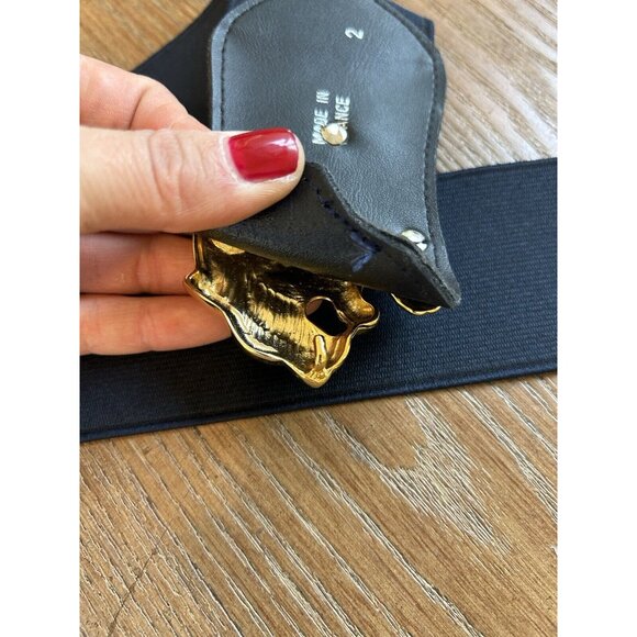 Vintage 80s Brass Tiger Lion Latch Elastic Statement Belt France Whimsical Artsy main image 6